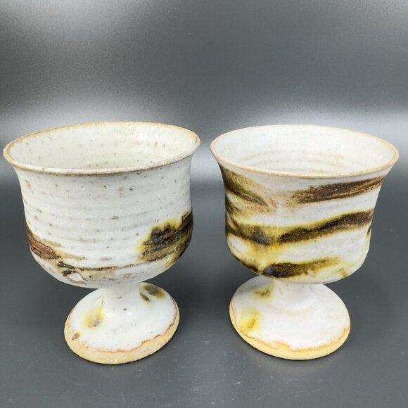 Vintage Hand Made Stoneware Pottery Footed Cups Goblets Set 4 Drip Glaze Cups - Picture 10 of 15